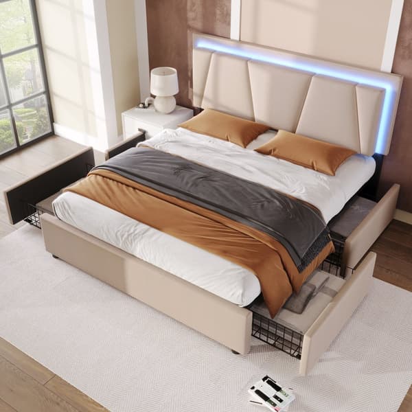 Verhoiluterä 140x200 LEDillä, 4 laatikkoa, säädettävä sängynpääty ja puinen sälepohja – beige patjalla