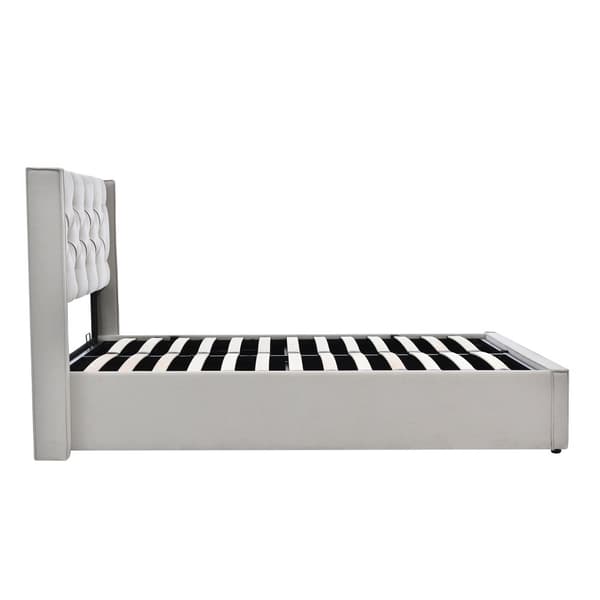 Verhoilukuolain 140x200cm hydraulisella säilytystilalla, metallirungolla ja patjalla – moderni parivuode vaaleanharmaata puuvillaa sälepohjalla