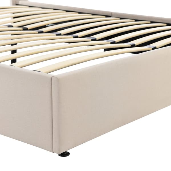 Hydraulinen säilytyssänky 140x200cm – harmaa pehmustettu pellavainen parisänky puu- ja metallirungolla, patjalla