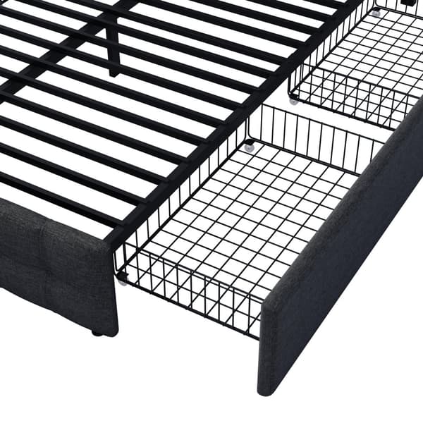 Parivuode 140x200 4 laatikolla – säädettävä sängynpääty, joustinpatja, metallirunko, säilytystila, pellavakangas – musta