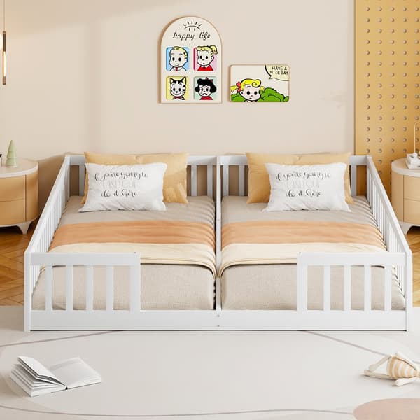Sängram 90x200 cm barnvänlig med skyddsgaller, familjesäng i massiv furu, minimalistisk stil, vit (utan madrass/ram)