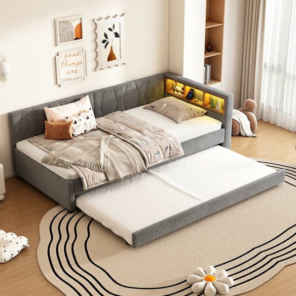 Daybed 90x200 cm med udtræksseng, LED-belysning, USB-C opladning, opbevaringshylde, hørstof, grå – uden madras