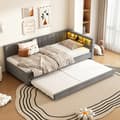 Miniatyrbillede 3 af 11: Daybed 90x200 cm med udtræksseng, LED-belysning, USB-C opladning, opbevaringshylde, hørstof, grå – uden madras