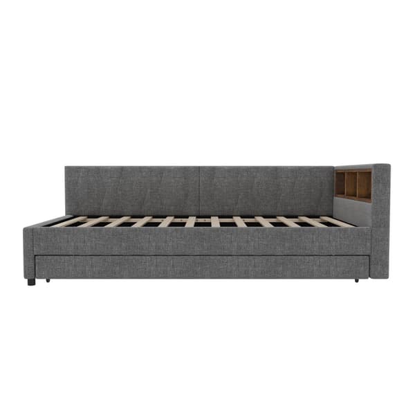 Daybed 90x200 cm med udtræksseng, LED-belysning, USB-C opladning, opbevaringshylde, hørstof, grå – uden madras