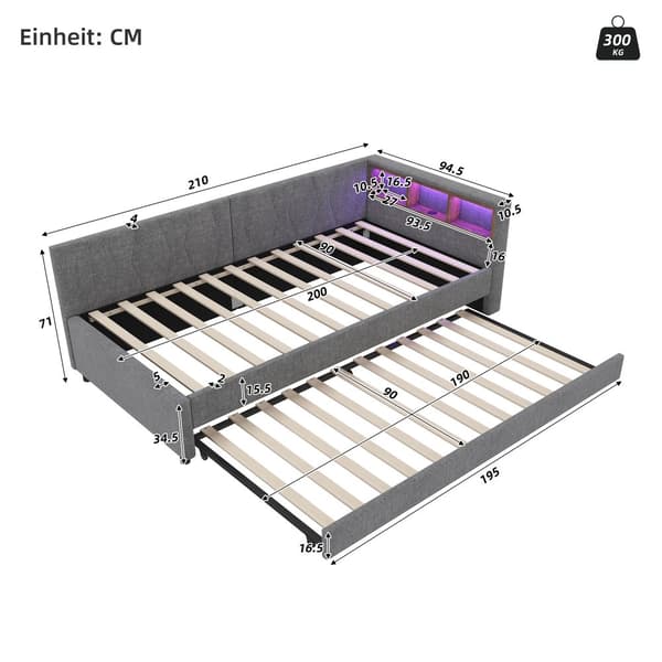 Daybed 90x200 cm med udtræksseng, LED-belysning, USB-C opladning, opbevaringshylde, hørstof, grå – uden madras
