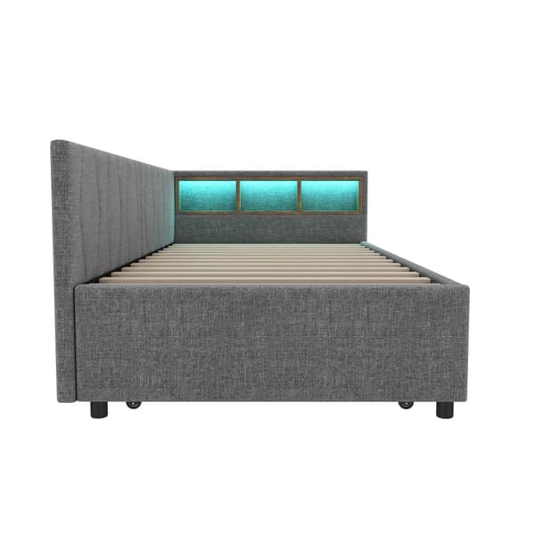 Daybed 90x200 cm med udtræksseng, LED-belysning, USB-C opladning, opbevaringshylde, hørstof, grå – uden madras