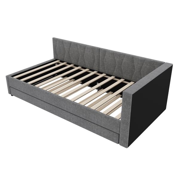 Daybed 90x200 cm med udtræksseng, LED-belysning, USB-C opladning, opbevaringshylde, hørstof, grå – uden madras