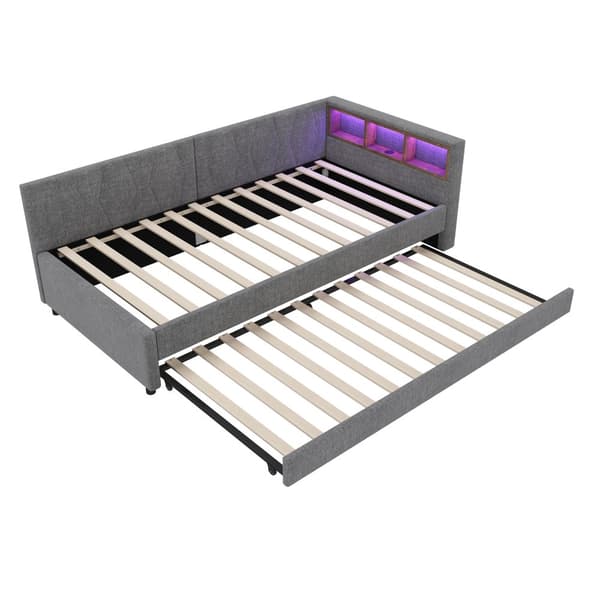 Daybed 90x200 cm med udtræksseng, LED-belysning, USB-C opladning, opbevaringshylde, hørstof, grå – uden madras