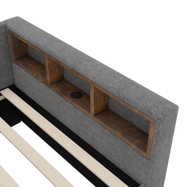 Daybed 90x200 cm med udtræksseng, LED-belysning, USB-C opladning, opbevaringshylde, hørstof, grå – uden madras