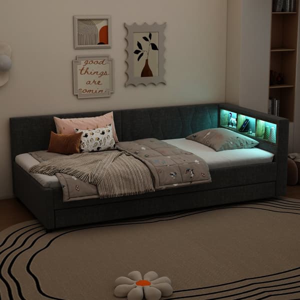 Daybed 90x200 cm med udtræksseng, LED-belysning, USB-C opladning, opbevaringshylde, hørstof, grå – uden madras