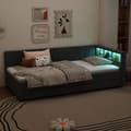 Miniatyrbillede 2 af 11: Daybed 90x200 cm med udtræksseng, LED-belysning, USB-C opladning, opbevaringshylde, hørstof, grå – uden madras