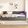 Miniatyrbillede 1 af 11: Daybed 90x200 cm med udtræksseng, LED-belysning, USB-C opladning, opbevaringshylde, hørstof, grå – uden madras