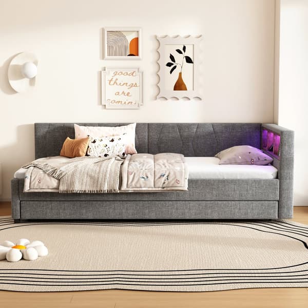 Daybed 90x200 cm med udtræksseng, LED-belysning, USB-C opladning, opbevaringshylde, hørstof, grå – uden madras
