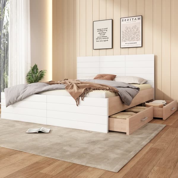 Parivuode 140x200 cm, 2 laatikkoa – moderni puinen sänkysarja tammi/valkoinen, sis. sängynrungon ja sälekehyksen (patjalla)