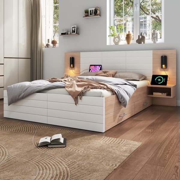 Parivuode 140x200 cm LED-valolla, USB, 2 yöpöytää ja 2 laatikkoa – puusänky tammi/valkoinen sälepohjalla ja patjalla