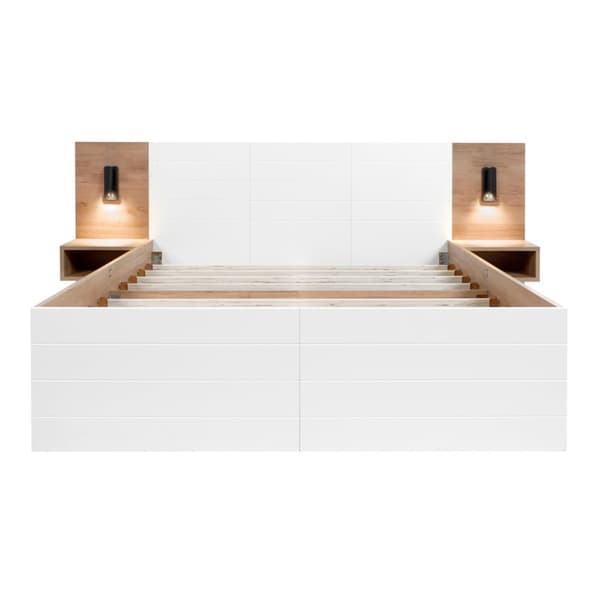 Parivuode 140x200 cm LED-valolla, USB, 2 yöpöytää ja 2 laatikkoa – puusänky tammi/valkoinen sälepohjalla ja patjalla