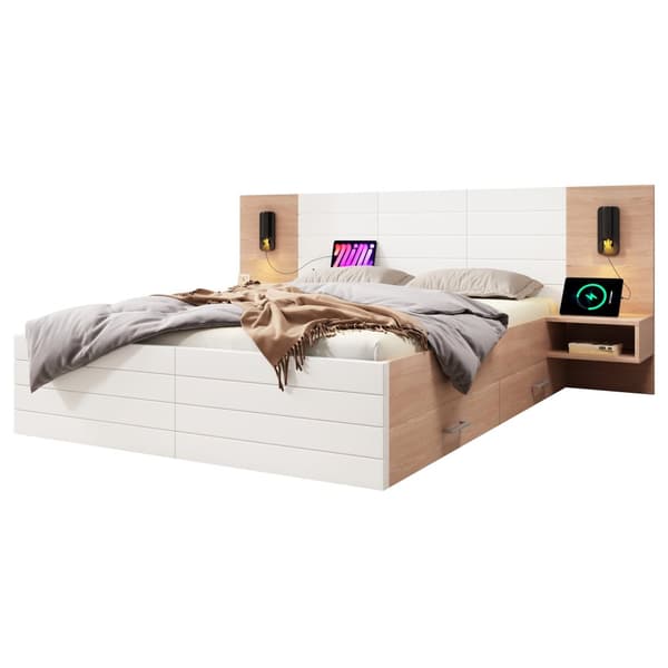 Parivuode 140x200 cm LED-valolla, USB, 2 yöpöytää ja 2 laatikkoa – puusänky tammi/valkoinen sälepohjalla ja patjalla
