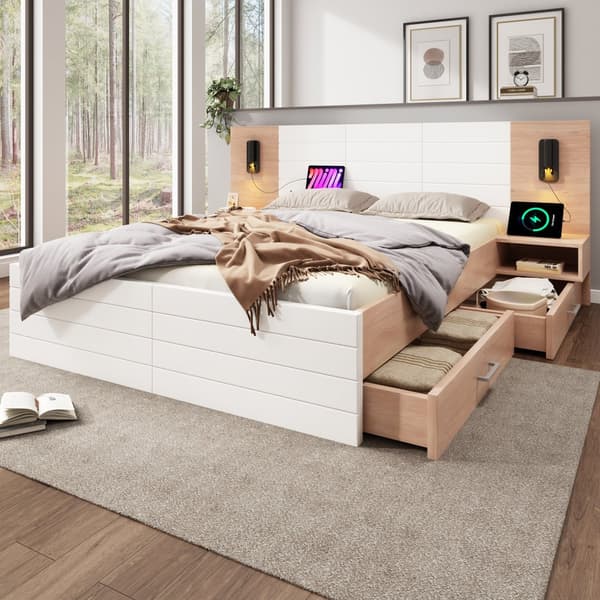 Parivuode 140x200 cm LED-valolla, USB, 2 yöpöytää ja 2 laatikkoa – puusänky tammi/valkoinen sälepohjalla ja patjalla