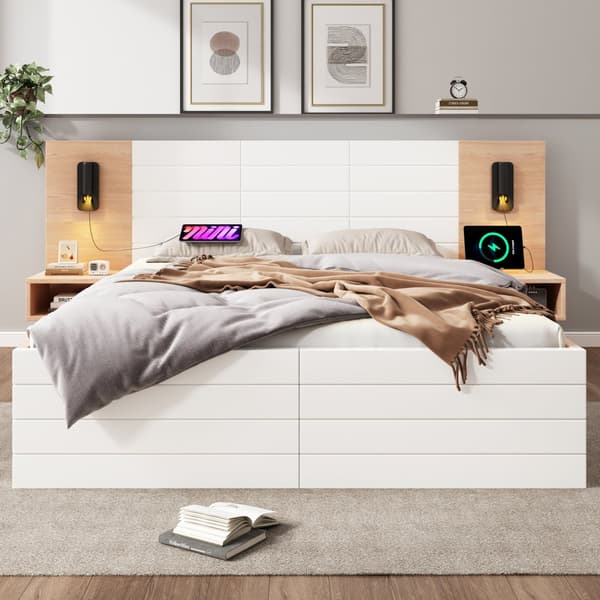Parivuode 140x200 cm LED-valolla, USB, 2 yöpöytää ja 2 laatikkoa – puusänky tammi/valkoinen sälepohjalla ja patjalla