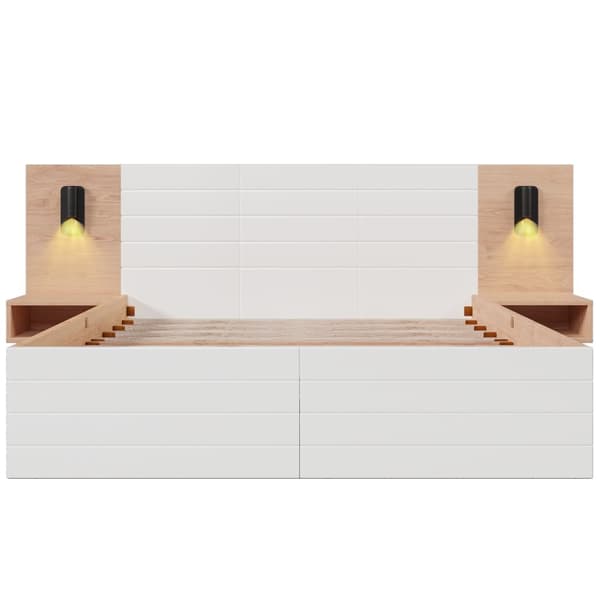 Parivuode 160x200 cm LED-valolla, USB, 2 yöpöytää ja laatikot – tammi/valkoinen sänky sälepohjalla ja patjalla