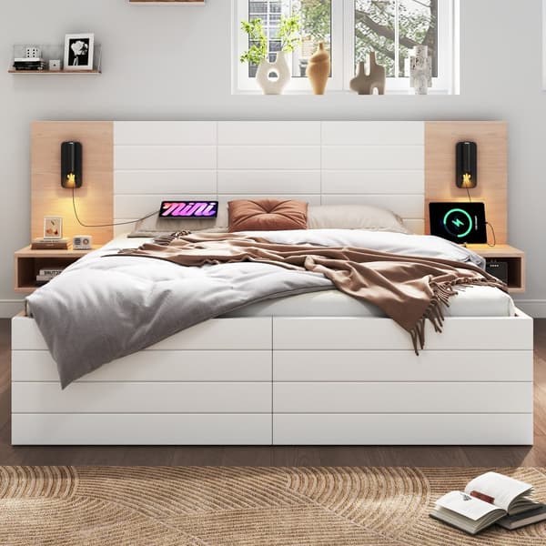 Parivuode 160x200 cm LED-valolla, USB, 2 yöpöytää ja laatikot – tammi/valkoinen sänky sälepohjalla ja patjalla