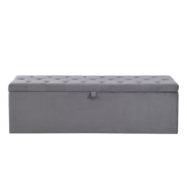 Samettinen istuinpenkki säilytystilalla 138x41x42 cm – Pehmustettu penkki makuuhuoneeseen tai eteiseen – Harmaa