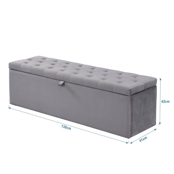 Samettinen istuinpenkki säilytystilalla 138x41x42 cm – Pehmustettu penkki makuuhuoneeseen tai eteiseen – Harmaa