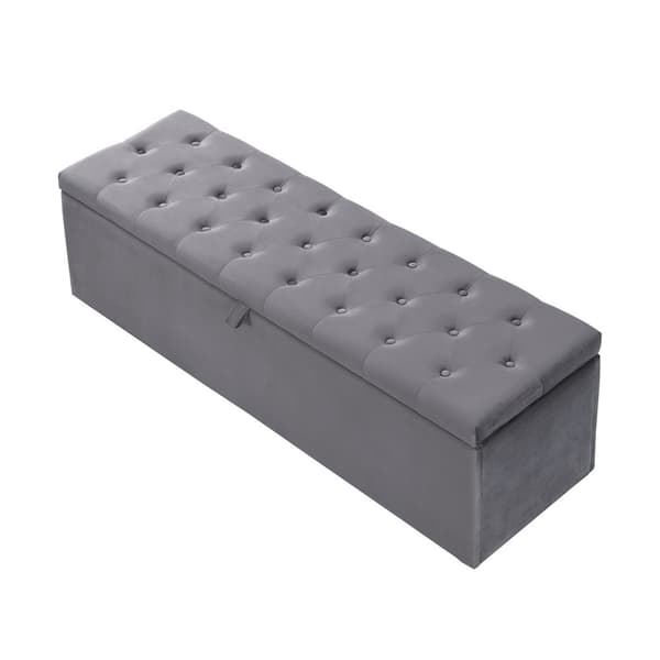 Samettinen istuinpenkki säilytystilalla 138x41x42 cm – Pehmustettu penkki makuuhuoneeseen tai eteiseen – Harmaa