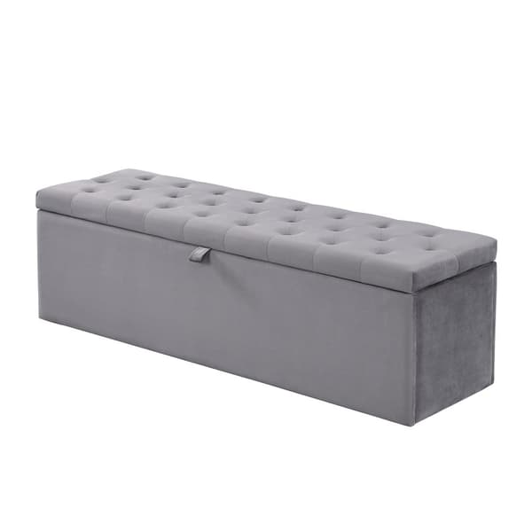 Samettinen istuinpenkki säilytystilalla 138x41x42 cm – Pehmustettu penkki makuuhuoneeseen tai eteiseen – Harmaa