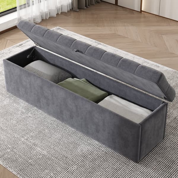 Samettinen istuinpenkki säilytystilalla 138x41x42 cm – Pehmustettu penkki makuuhuoneeseen tai eteiseen – Harmaa