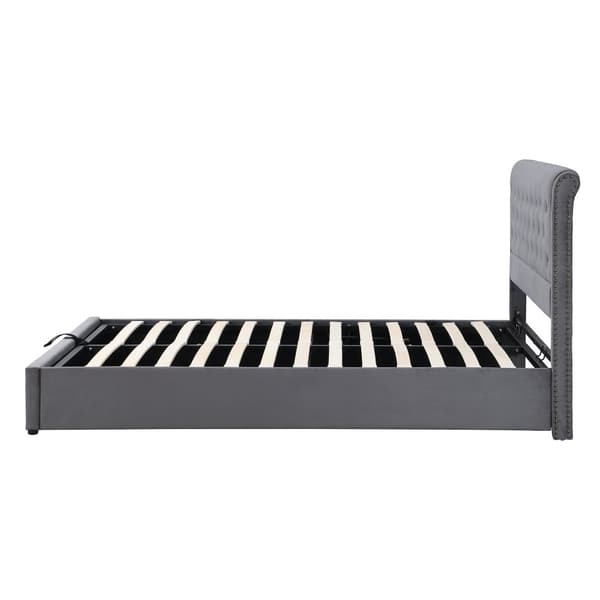 Sänky säilytystilalla 140x200 cm – hydraulinen samettikangas, napit ja niitit, ilman patjaa, harmaa