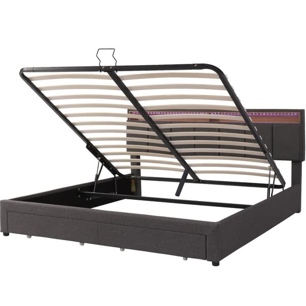 Seng med LED-belysning 160x200 cm – hydraulisk opbevaringsplads, sammenklappelig sengegavl, stålstel, hørstof, grå