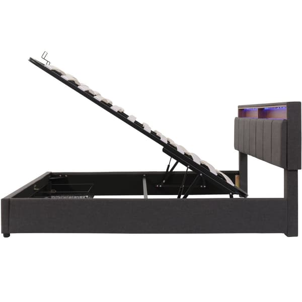 Seng med LED-belysning 160x200 cm – hydraulisk opbevaringsplads, sammenklappelig sengegavl, stålstel, hørstof, grå
