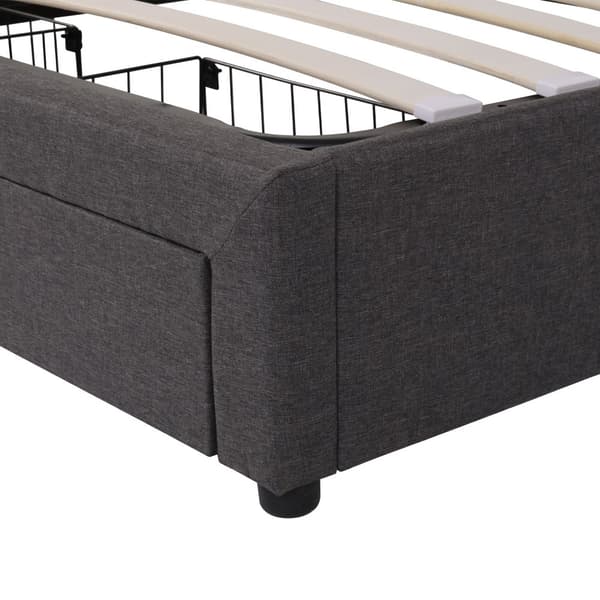 Seng med LED-belysning 160x200 cm – hydraulisk opbevaringsplads, sammenklappelig sengegavl, stålstel, hørstof, grå