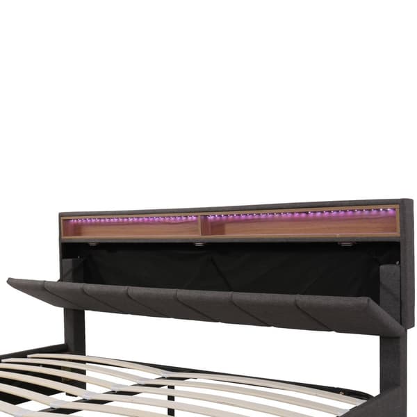 Dobbeltseng 180x200 med LED-belysning – hydraulisk opbevaring, skumsengegavl, skuffer, stålstel, hørstof, grå