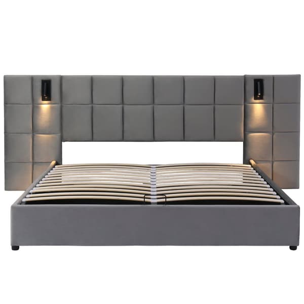 Sänky säilytystilalla 160x200 cm – pehmustettu sänky LED-valolla, USB, ruudullinen sängynpääty, hydraulinen runko, sametinharmaa