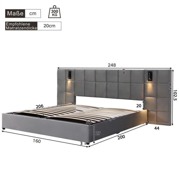 Sänky säilytystilalla 160x200 cm – pehmustettu sänky LED-valolla, USB, ruudullinen sängynpääty, hydraulinen runko, sametinharmaa