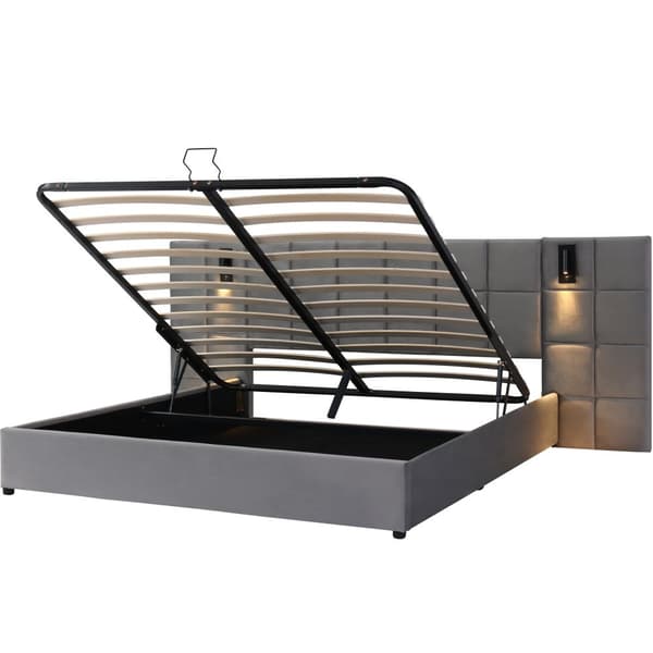 Sänky säilytystilalla 160x200 cm – pehmustettu sänky LED-valolla, USB, ruudullinen sängynpääty, hydraulinen runko, sametinharmaa