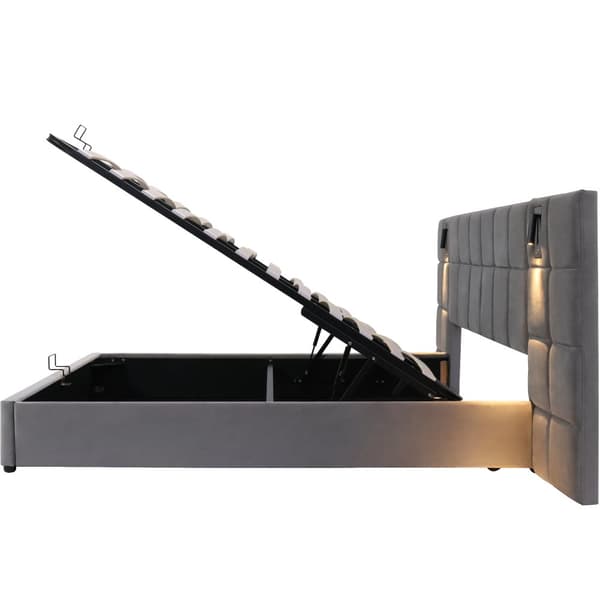 Sänky säilytystilalla 160x200 cm – pehmustettu sänky LED-valolla, USB, ruudullinen sängynpääty, hydraulinen runko, sametinharmaa