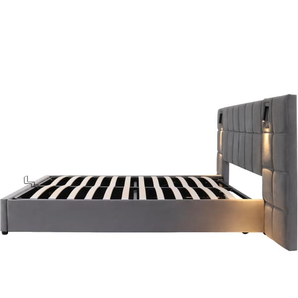 Sänky säilytystilalla 160x200 cm – pehmustettu sänky LED-valolla, USB, ruudullinen sängynpääty, hydraulinen runko, sametinharmaa