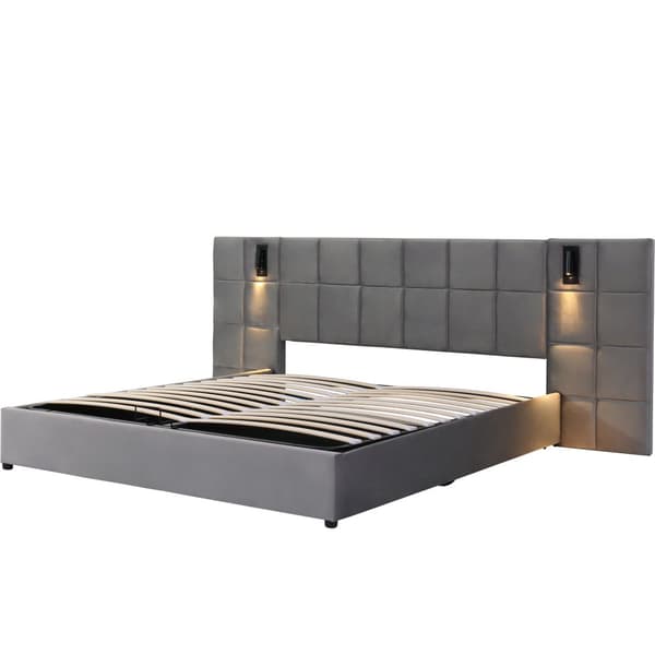 Sänky säilytystilalla 160x200 cm – pehmustettu sänky LED-valolla, USB, ruudullinen sängynpääty, hydraulinen runko, sametinharmaa