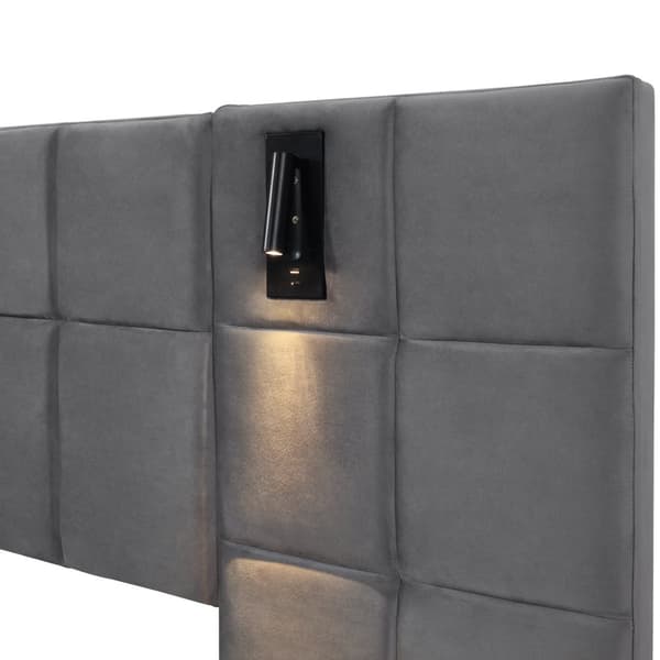 Sänky säilytystilalla 160x200 cm – pehmustettu sänky LED-valolla, USB, ruudullinen sängynpääty, hydraulinen runko, sametinharmaa