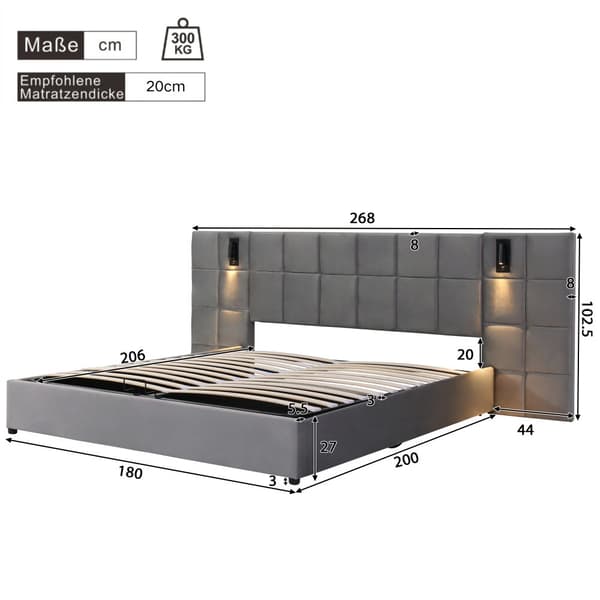 Parivuode 180x200 säilytystilalla – samettisänky LED-valolla, USB-lataus ja shakkilaudan sängynpääty, harmaa