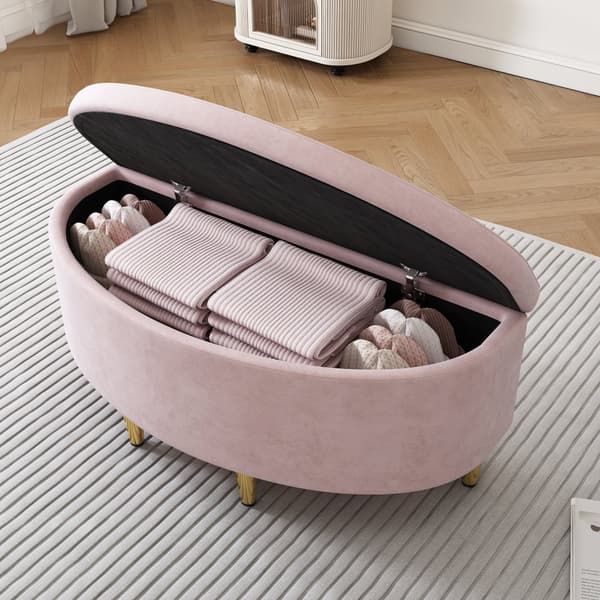 Polstret bænk med opbevaring, Velour shocker med metalben, 90 x 40 x 42 cm, Pink, til entre, stue, soveværelse