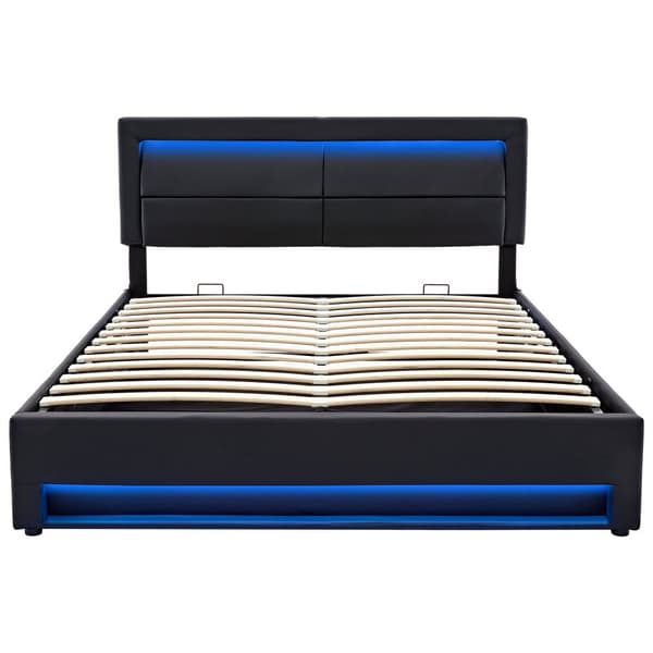 Polstringsbit 160 x 200 cm med USB-Anschluss, LED-Beleuchtung og Stauraum, ohne Matratze, Schwarz, PU-Litschi-Muster
