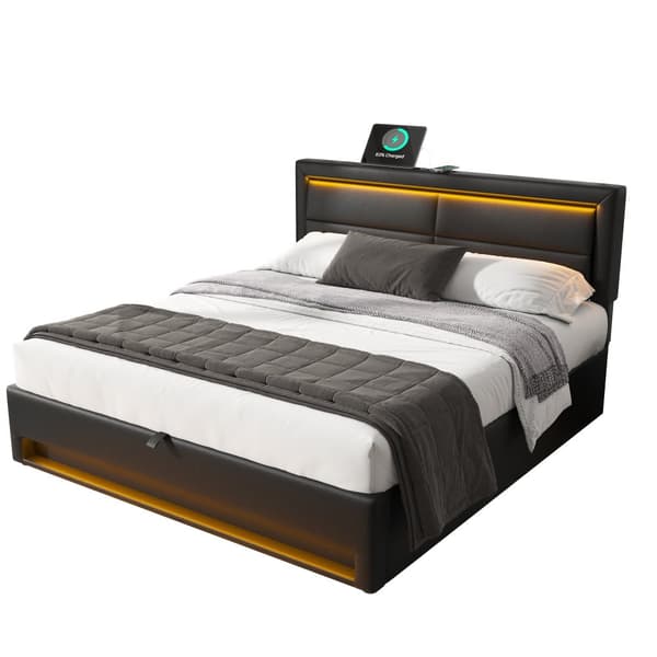 Polstringsbit 160 x 200 cm med USB-Anschluss, LED-Beleuchtung og Stauraum, ohne Matratze, Schwarz, PU-Litschi-Muster