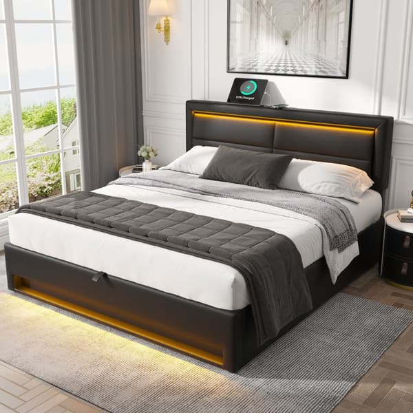 Polstringsbit 160 x 200 cm med USB-Anschluss, LED-Beleuchtung og Stauraum, ohne Matratze, Schwarz, PU-Litschi-Muster