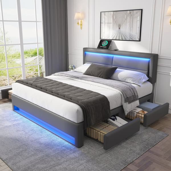 Valaistu capitonné 140 x 190 cm USB-portilla, LED-valaistus ja säilytystila, ilman patjaa, Harmaa PU-litsi