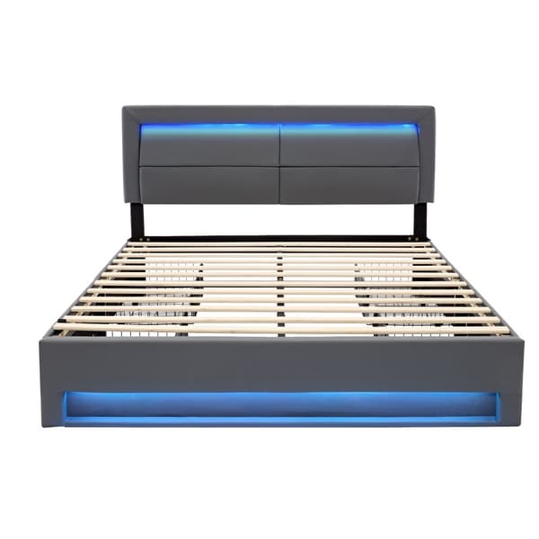 Valaistu capitonné 140 x 190 cm USB-portilla, LED-valaistus ja säilytystila, ilman patjaa, Harmaa PU-litsi