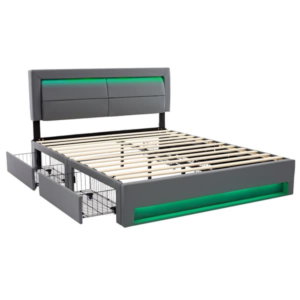 Valaistu capitonné 140 x 190 cm USB-portilla, LED-valaistus ja säilytystila, ilman patjaa, Harmaa PU-litsi